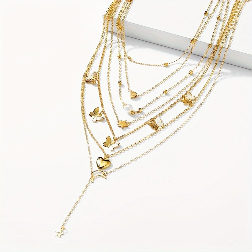 Long Layered Gold Butterfly Statement Necklace Set for Women Trendy Disc Heart Moon Party Favors Choker Necklaces Fashion Pearl Pendant Jewelry Gifts - Image 7