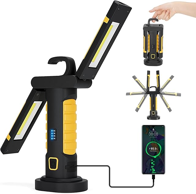 SUPAREE Rechargeable Work Light Portable LED Inspection Lamp Magnetic LED Inspection Lights Battery Powered Cordless COB LED Work Light Super Bright with USB/Hook for Car Camping Outdoor 1PCS