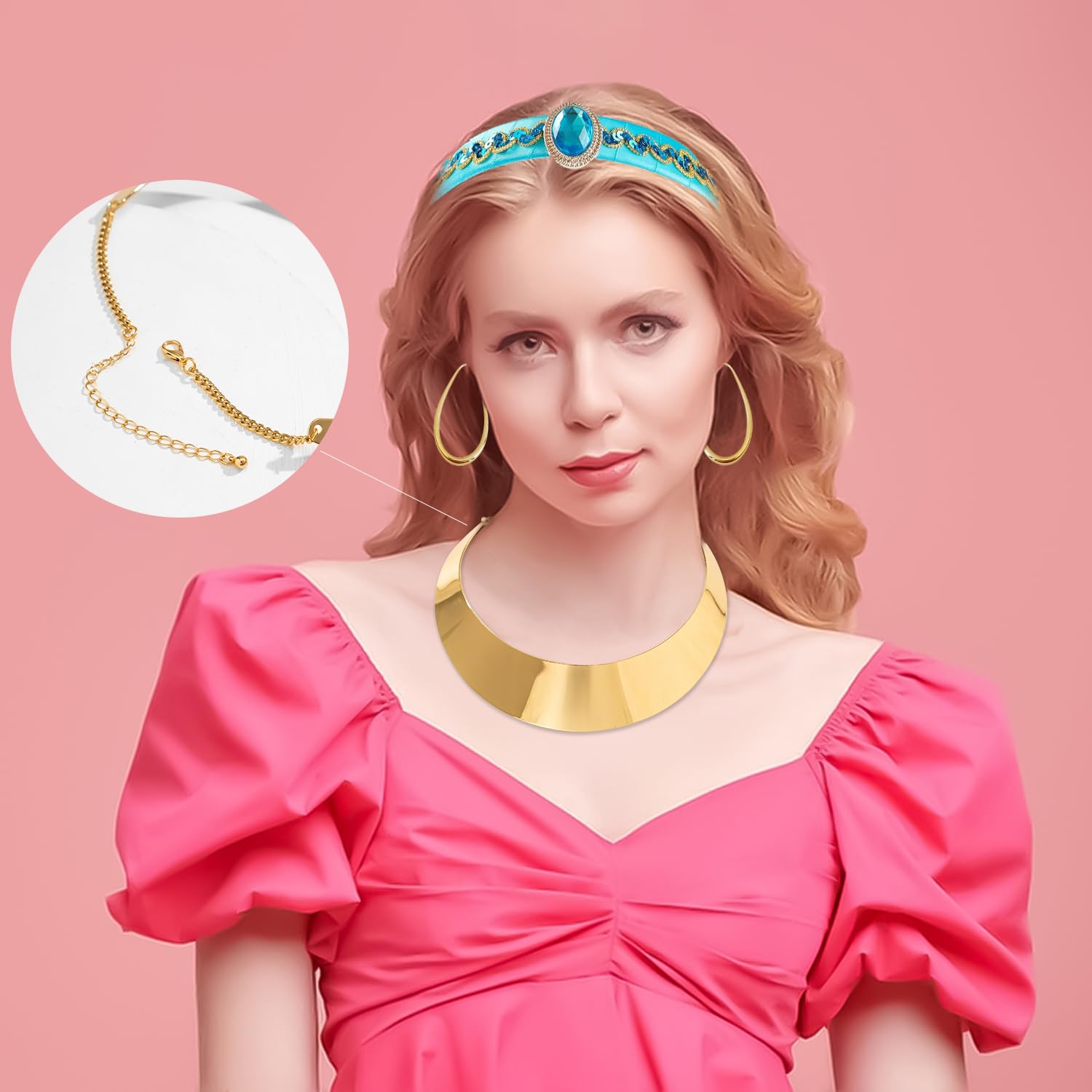 Nereds 3pcs Arabian Princess Costume Accessories Headband Geometric Necklace Gold Earrings for Halloween Cosplay - Image 4