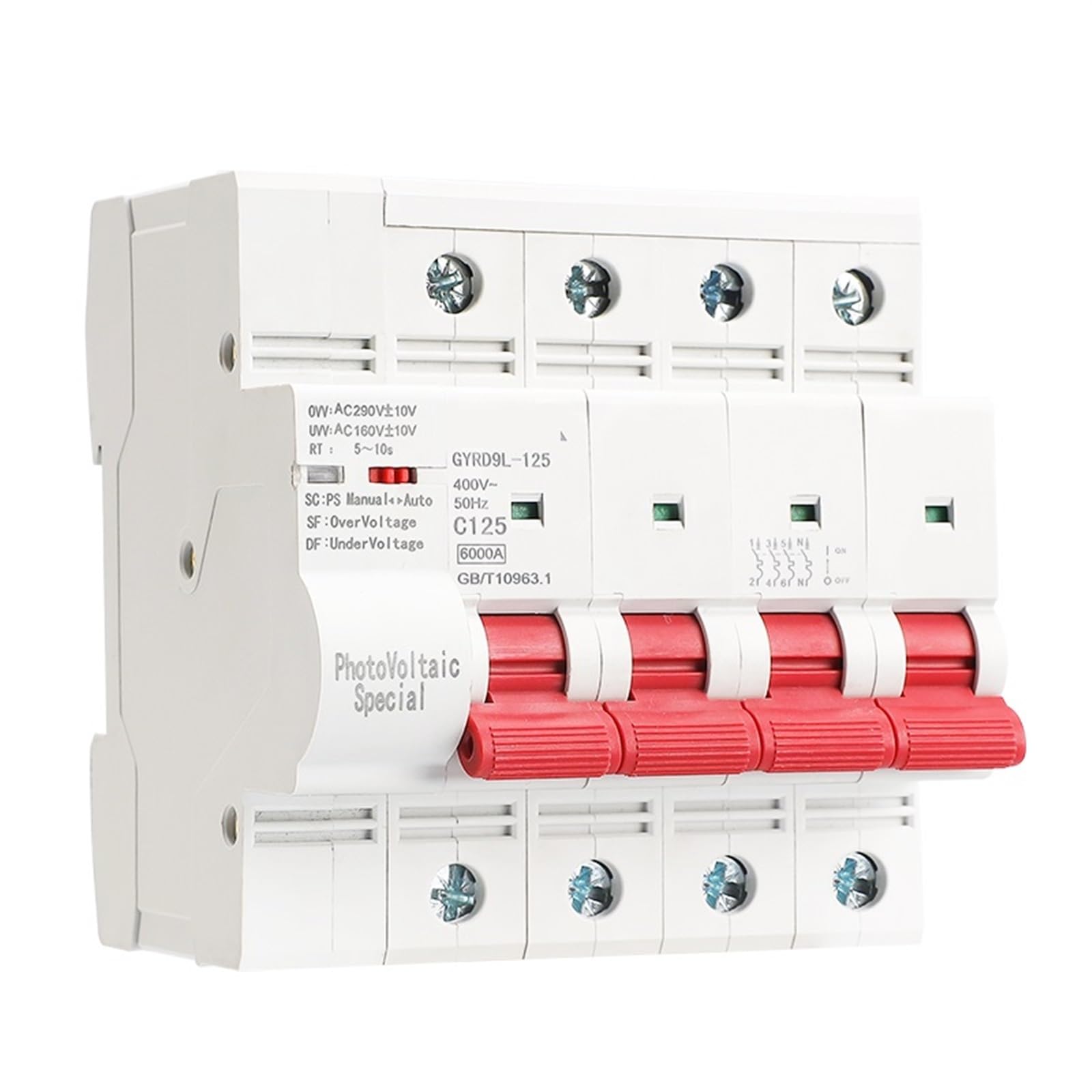 YFHGULBTK 4Pole PV Auto Recloser Miniature Circuit Breaker for Photovoltaic System 6KA Over Under Voltage 63A-125A 1Pcs(4P 63A)