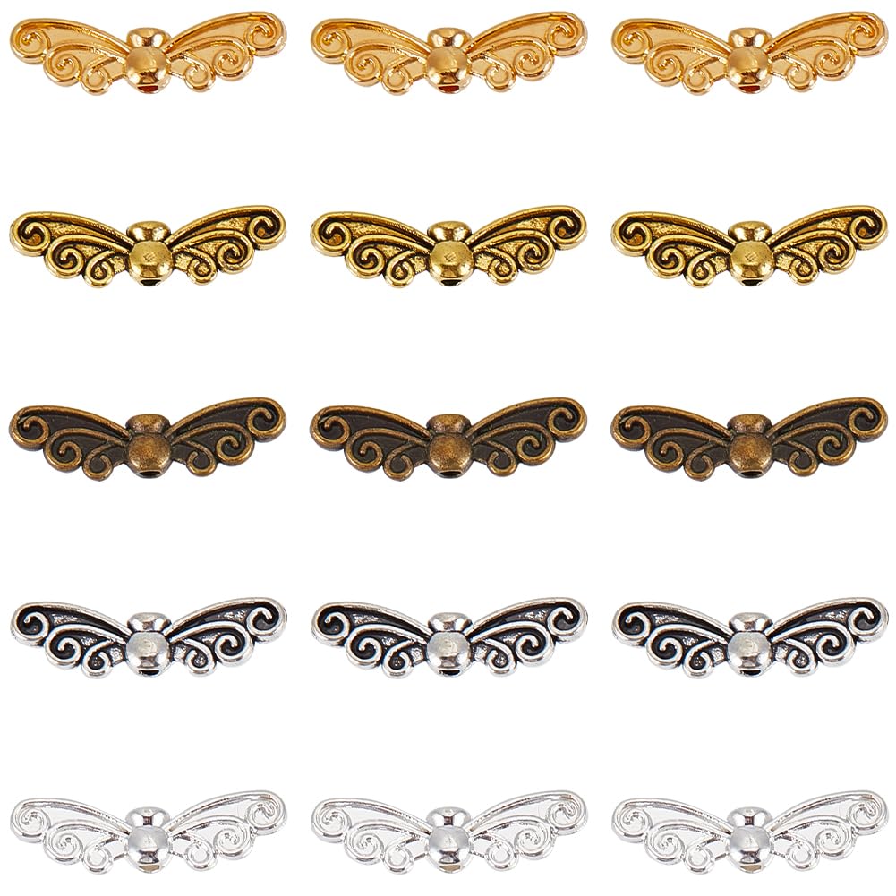 SUNNYCLUE 1 BOX 100PCS Alloy Angel Beads Charm Wings Beads Small Metal Tibetan Silver Gold Bronze Butterfly Wing Fairy Loose Spacer Beads Bulk for jewellery Making Beading Kit Bracelets Diy Craft