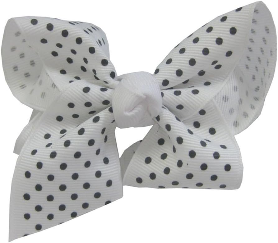 Small Black Polka Dot On White Bow Barrette - Pretty White Bow Barrette With Small Black Polka Dots