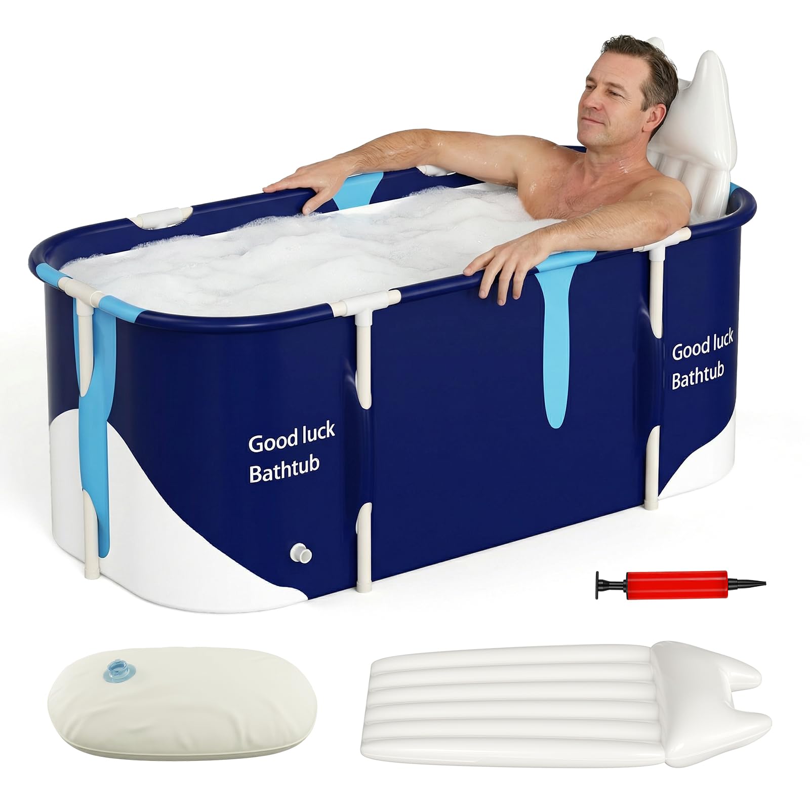 Bañera plegable portátil para adultos, estructura compuesta de 5 capas, marco de metal estable, doble orificio de drenaje, cojín de asiento y respaldo para baño caliente, baño de hielo, 114 x 62 x 49