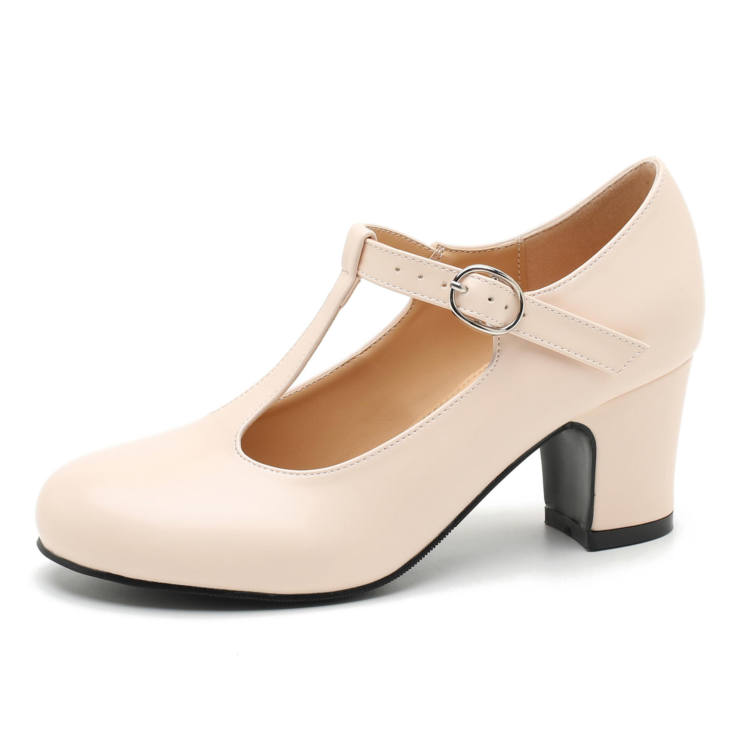 Photo 1 of Peijely Women's T-Strap Mary Jane Pumps, 2.56 Inch Block Heel, Round Toe Dress Shoes Nude Matte 43 - US 10