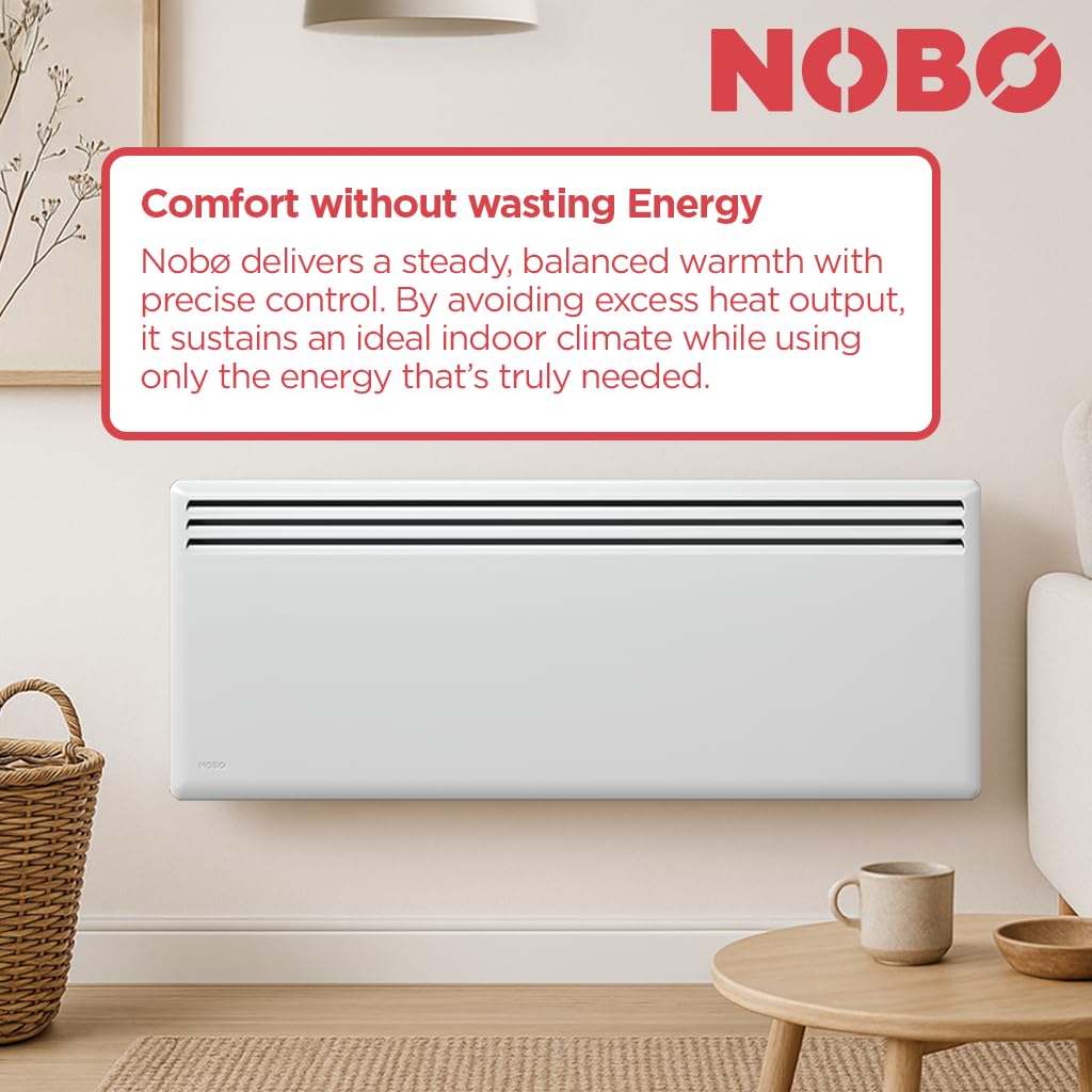 Radiador eléctrico Nobø NFK4N bajo consumo 1500W blanco, convector eléctrico pared con termostato inteligente NCU-2Te, radiador wifi con temporizador, IP24, programas semanales, protección antihielo