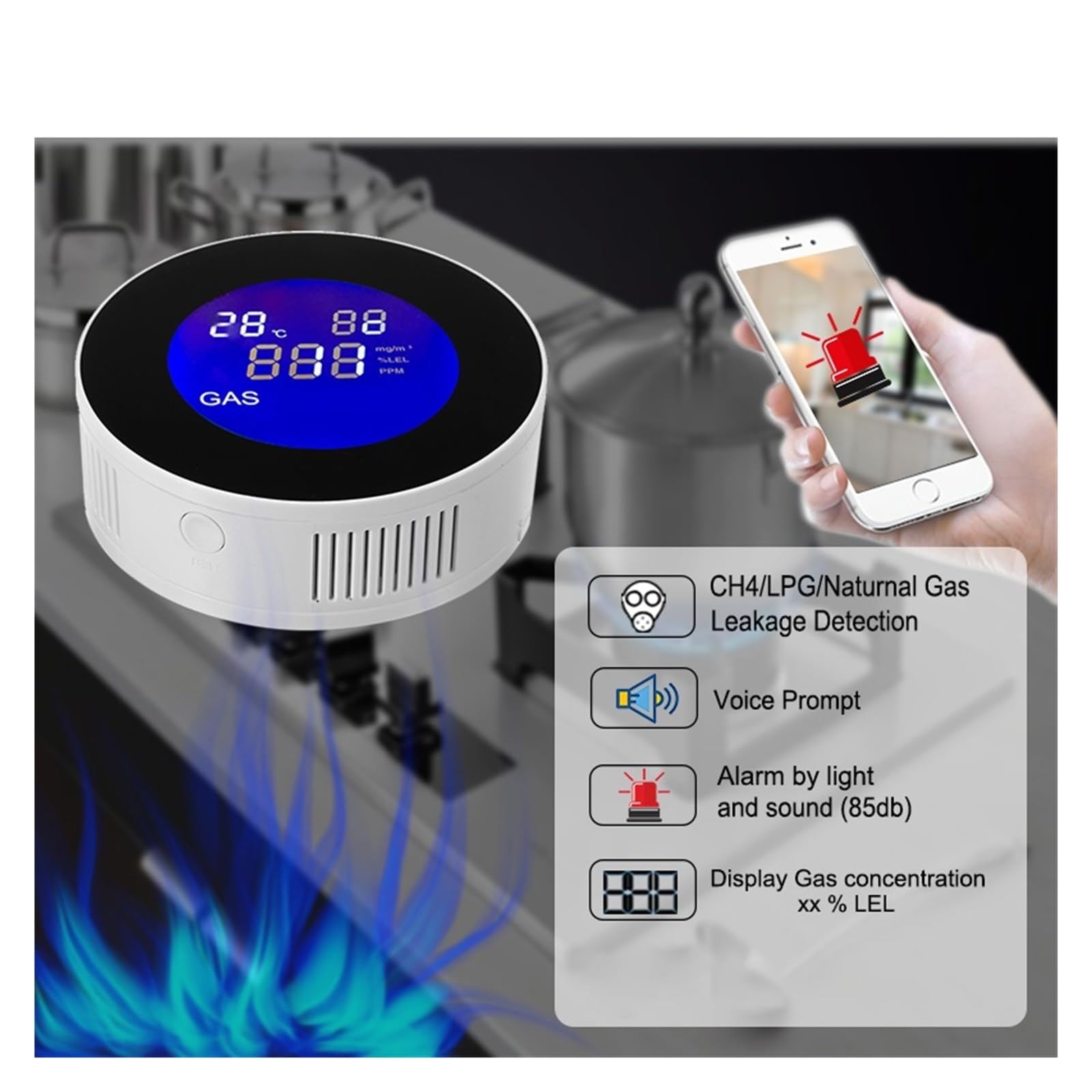 Rilevatore di gas naturale WIFI con elettrovalvola elettrica Controllo intelligente automatico Spegnimento sensore di allarme perdite di metano CH4 Rilevatore Gas(With V15GC Valve)