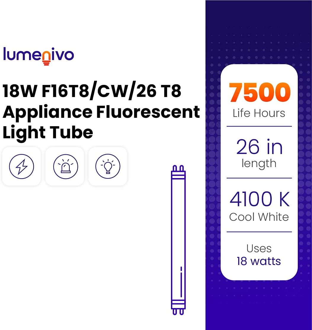 lumenivo 18 Watt - 26 Inch - Appliance CW Fluorescent Bulbs Replacement for F16T8/CW/26 G13 Medium 2 Pin Base - 4100K Cool White T8 Tube - 7,500 Hours