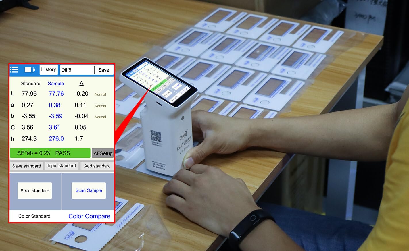 LS173 D/8 Handheld Colorimeter, Color Difference Meter Tester, Color Analyzer with 3.5 in Touch Screen