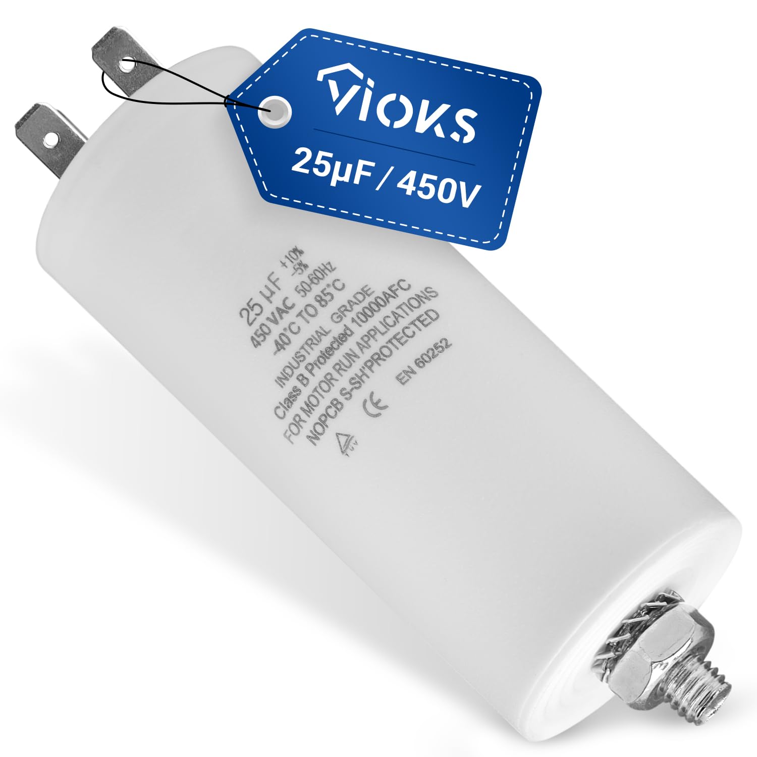 VIOKS Kondensator rozruchowy CBB60 kondensator 25µF 450 V – kondensator silnikowy LED, uniwersalny z flagami wtykowymi AMP 6,3 mm i śrubą mocującą M8 do elektrycznych urządzeń domowych