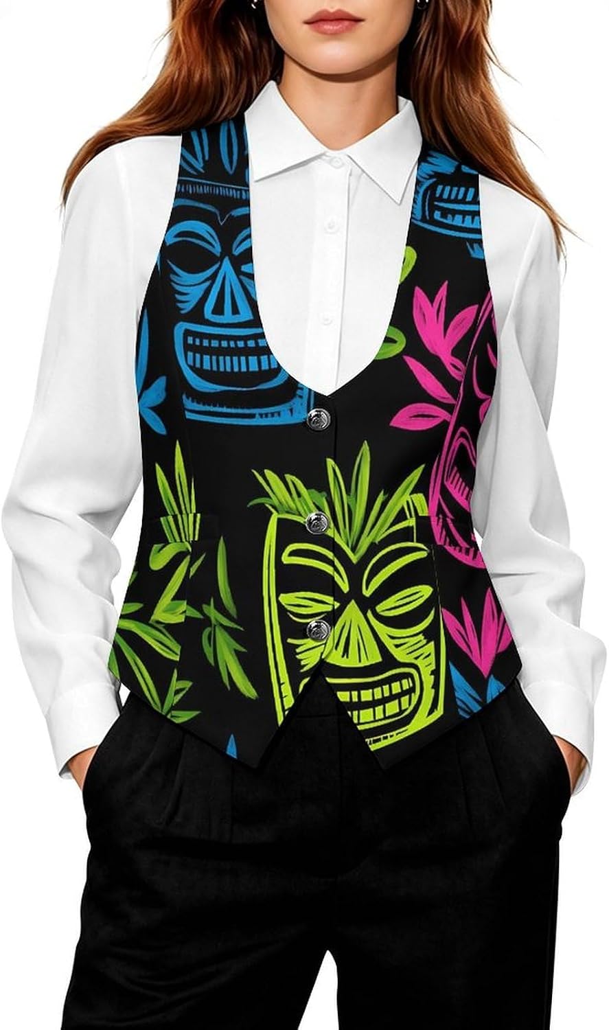 Hawaii Tiki Masks Women's Tuxedo Waistcoat Suit Vest | 3 Button V-Neck Slim Fit Casual Sleeveless Top