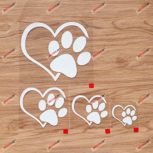 Dog Paw Print Puppy Love Heart Decal Vinyl Sticker - 4 Pack White, 2 Inches, 3 Inches, 4 Inches, 6 Inches - Die Cut No Background for Car Boat Laptop Cup Phone