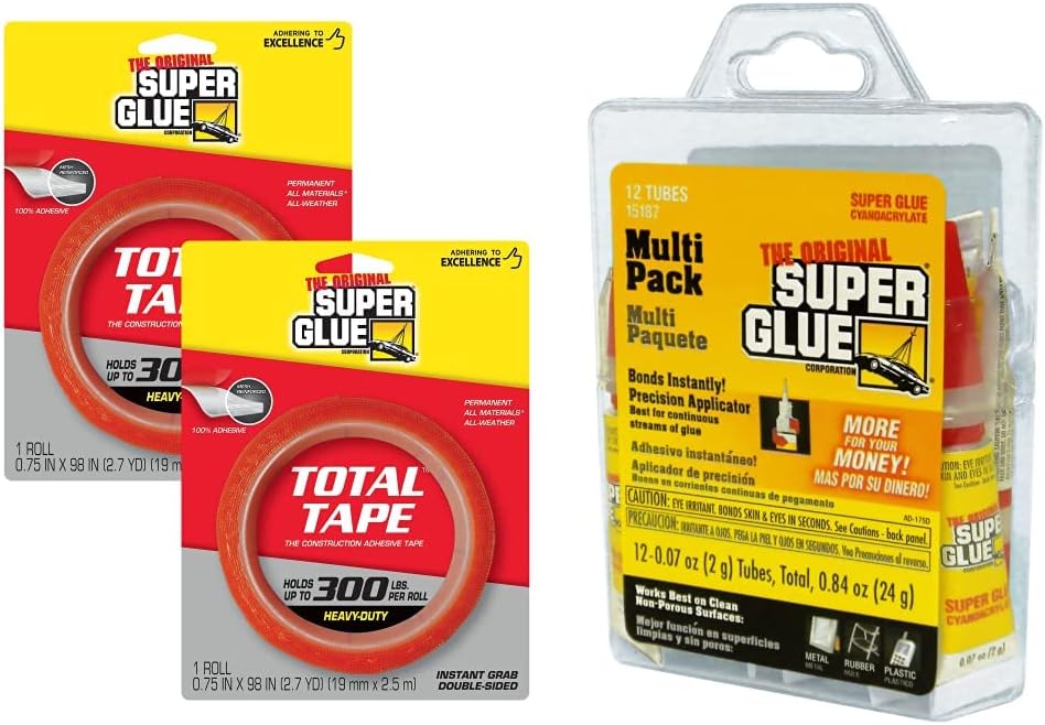 Super Glue 11710606 Mounting Construction Adhesive Tape.75-Inch x 98-Inch, Transparent with red Layer & 15187, Clear- Pack of 12