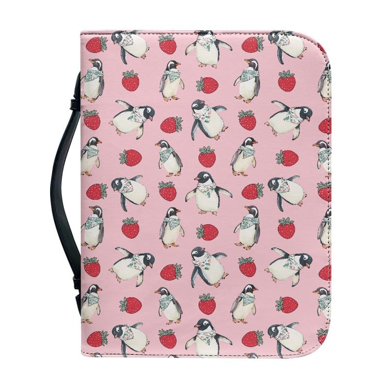 Kuiaobaty Cartoon Penguin Zipper Bible Bag Carrying Case with Handle for Standard Size Cute Strawberry Bible Perfect Gift for Girls Women Mother Kids