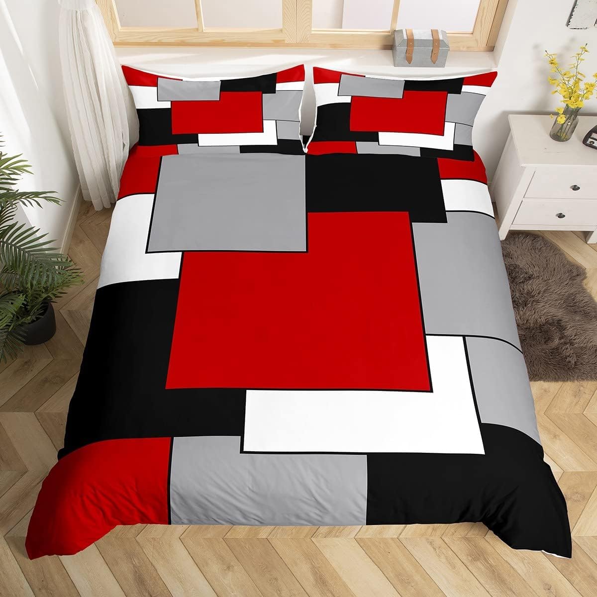 Funda Nordica Cama 105 Negro Rojo - Ropa de Cama Microfibra Suave, Funda Nórdica Gris Blanco Funda Edredon 200x200 cm y 2 Funda de Almohada 50x75 cm, 3D Funda de Edredón 5643z