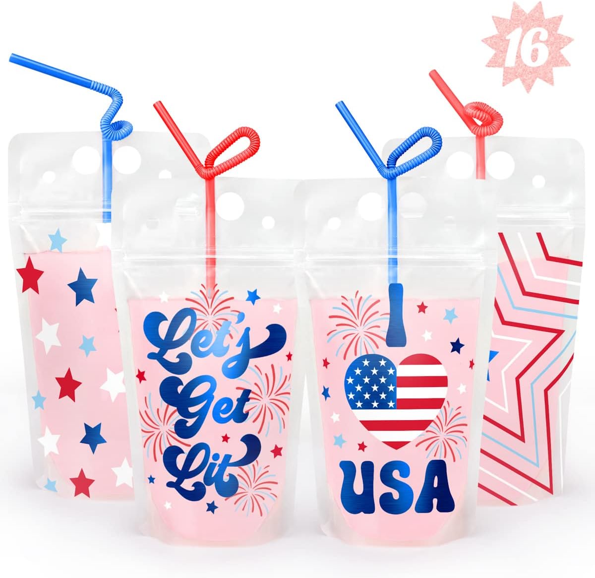 Quera 36 Pcs Fourth of July Party Decorations Drink Pouches, Reusable Drink Pouches