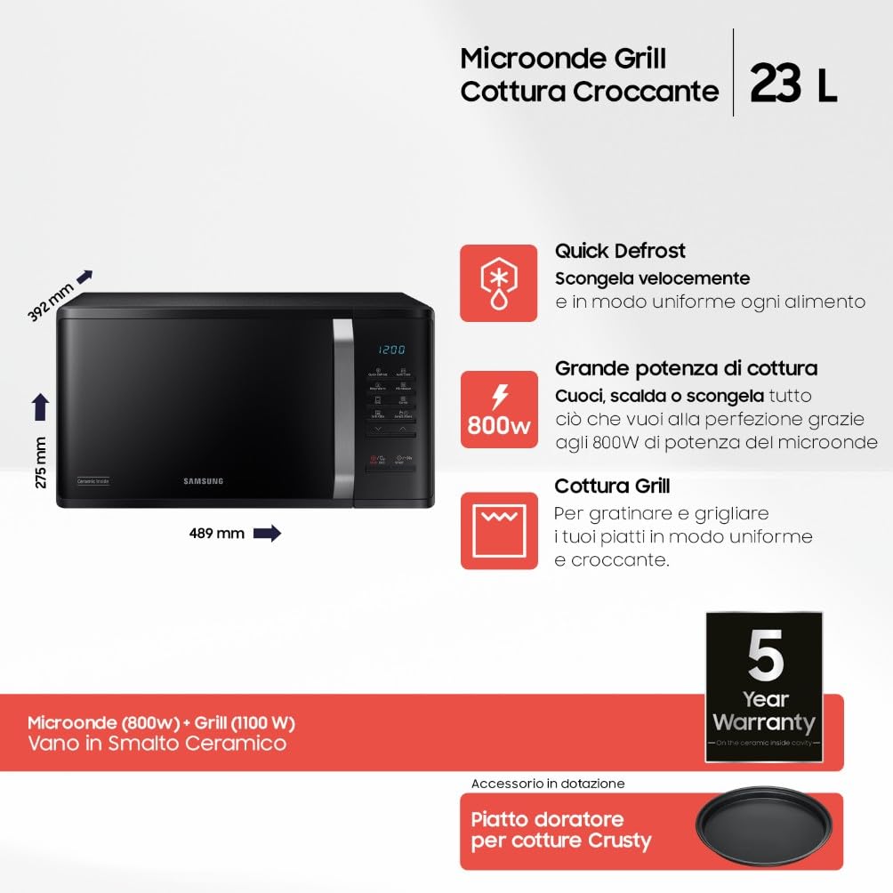 Visita lo Store di Samsung Samsung Forno a Microonde Grill Cottura Croccante MG23K3523CKE1 con Piatto Doratore incluso, Programmi Automatici, Quick Defrost, Capacità: 23L, Colore: Nero, LxAxP: 48,9 x 27,5 x 39,2 cm in use