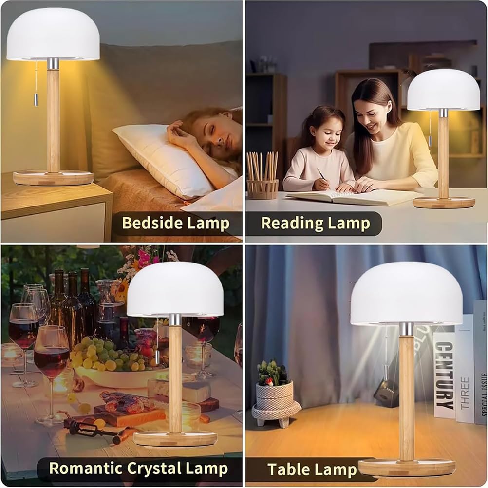 Lampada da tavolo ricaricabile in legno LED Senza Fili lampada da comodino Dimmerabile con interruttore a tirare,3000k-6000k, piccola luce da tavolo portatile per interni camera da letto ristorante