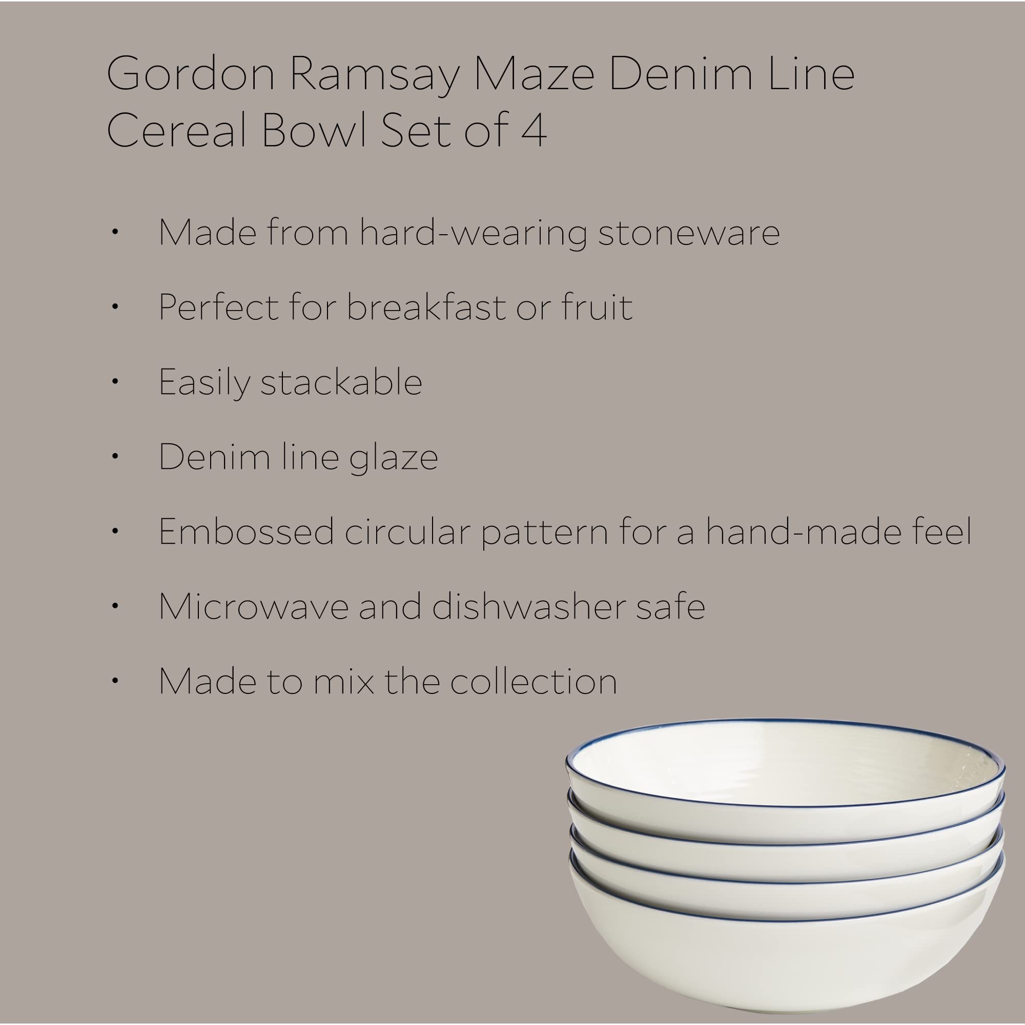 Royal Doulton Müslischalen, Steingut, zum Kombinieren entworfen, Gordon Ramsay Maze Müslischalen, 18 cm, Denim-Linie, 4 Stück, Blau, Weiß