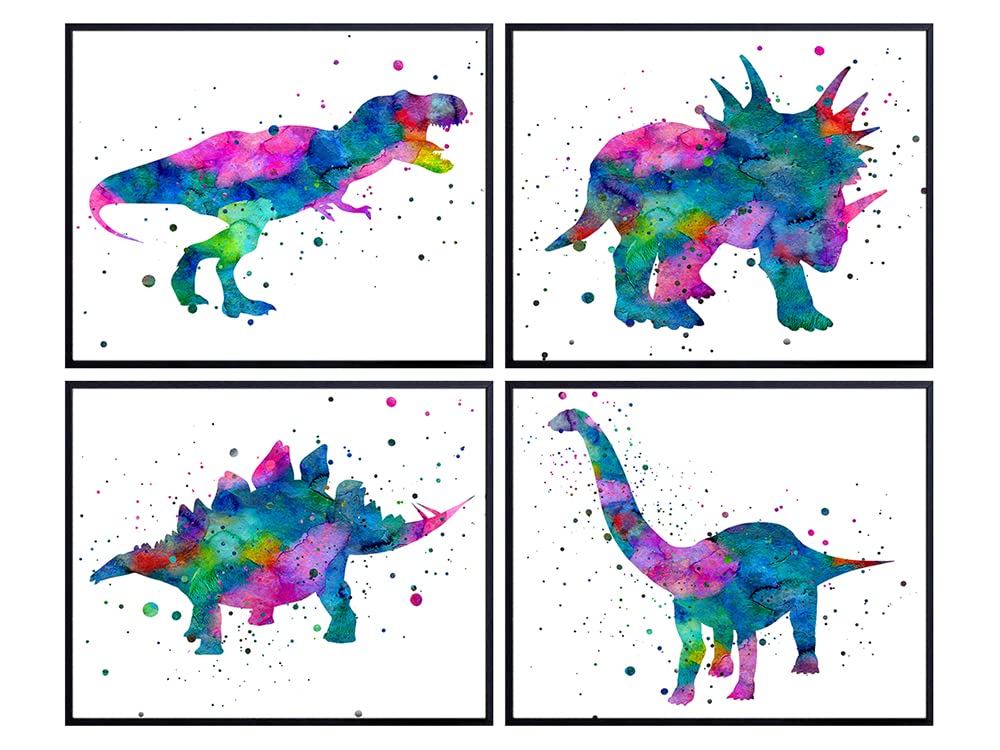 Dinosaur Watercolor Wall Art Print - Set of Four (8x10) Unframed Photos - Perfect Gift for Boys and Kids Rooms, Nursery - Chic Home Decor