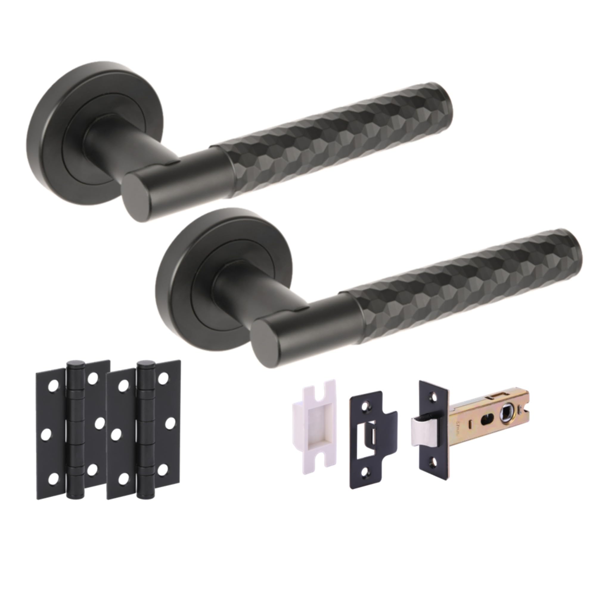 Hunta Black Matt Handlezone® Roca Diamond Cut Knurled Internal Door Handle Pack, Complete With Lever Handles, 76Mm Latch, 75Mm Ball Bearing Hinges