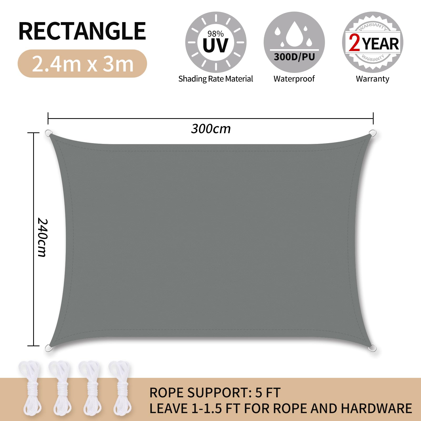 RICHIE Sun Shade Sail Rectangle 2.4m x 3m Waterproof, 98% UV Block Awnings for Patios with Free Rope Sunscreen Awning Canopy - Image 2