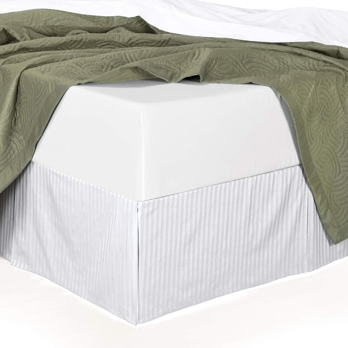 300tc Cotton Stripes Pleated Tailored Bed Skirt with 15 Inches Drop and Split Corners (Queen, Chocolate)