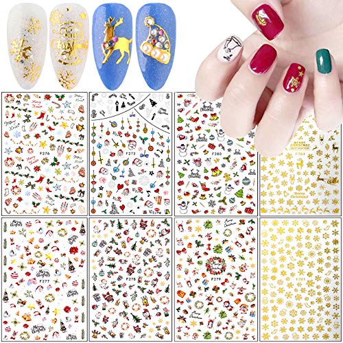 8 Sheets Christmas Nail Art Stickers 3D Self Adhesive Nail Decals Christmas Nail Sticker Gold Color Santa Claus Snowflake Snowman Bell Tree Nail Design Stickers for Christmas Nail Decorations