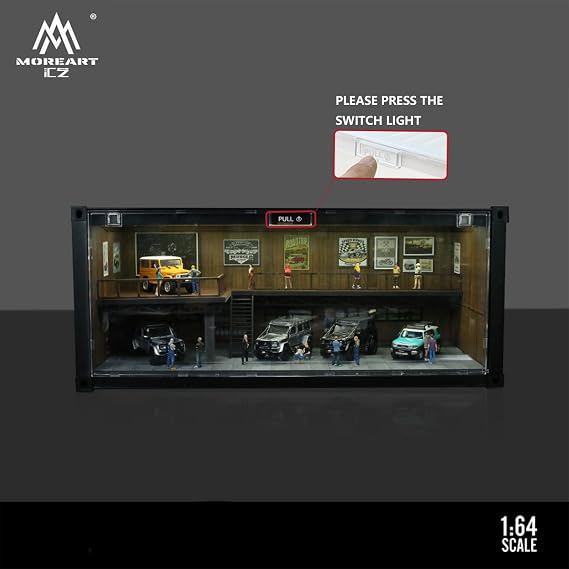 1/64 Scale Display Case with LED Lights - Container Box Style Garage Diorama Hot Wheels Match Box | Hot WheelsマッチボックスミニGTダイキャストカーと収納積み重ね可能、モデルカーやフィギュアディスプレイ用。