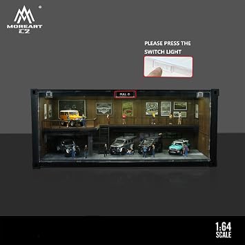 1/64 Scale Display Case with LED Lights - Container Box Style Garage Diorama Hot Wheels Match Box | Hot WheelsマッチボックスミニGTダイキャストカーと収納積み重ね可能、モデルカーやフィギュアディスプレイ用。
