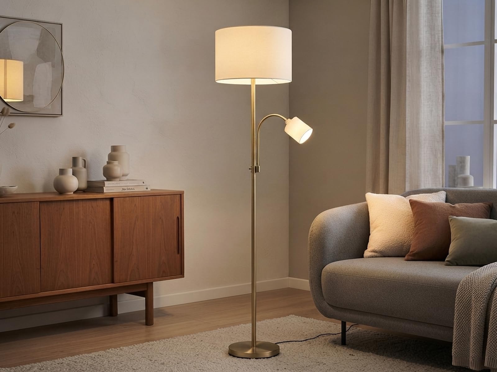 meineWunschleuchte Lampa stojąca z mosiądzu z lampką do czytania i abażurami materiałowymi w kolorze kremowo-białym, wysokość 170 cm