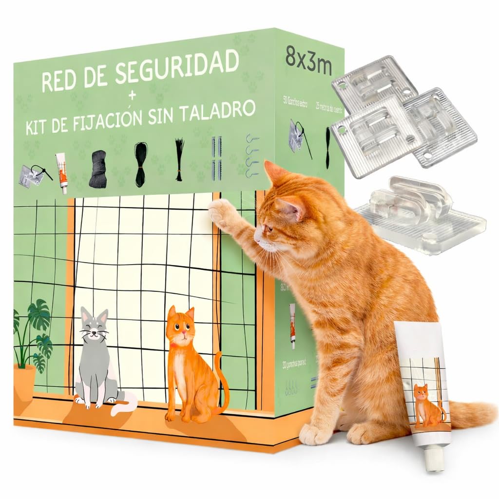 Red para Gatos Terraza y Balcón (8x3m) Reforzada con Alambre Trenzado – Malla Seguridad Negra Antimordiscos para Ventanas y Exterior, Kit Completo Instalación Sin Taladro o con Taladro