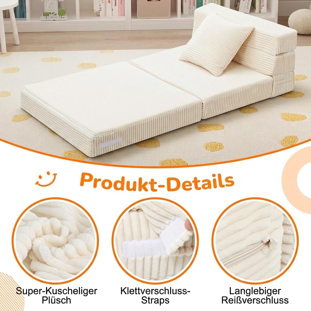 MeMoreCool Cord Spielsofa Kindersofa, Glow-Kinder Sofa, Kinder-Klappsofa, Flip-Sofa Kindercouch, Z-Bett, kindersofa ausklappbar, Bodenbett, Klappcouch für Spielzimmer, Beige