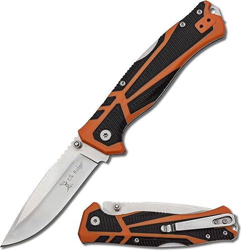 Elk Ridge Outdoors - Cuchillo plegable manual - Trek, hoja de punta de gota de satén de borde fino, mango TPR naranja y negro, bloqueo trasero, clip
