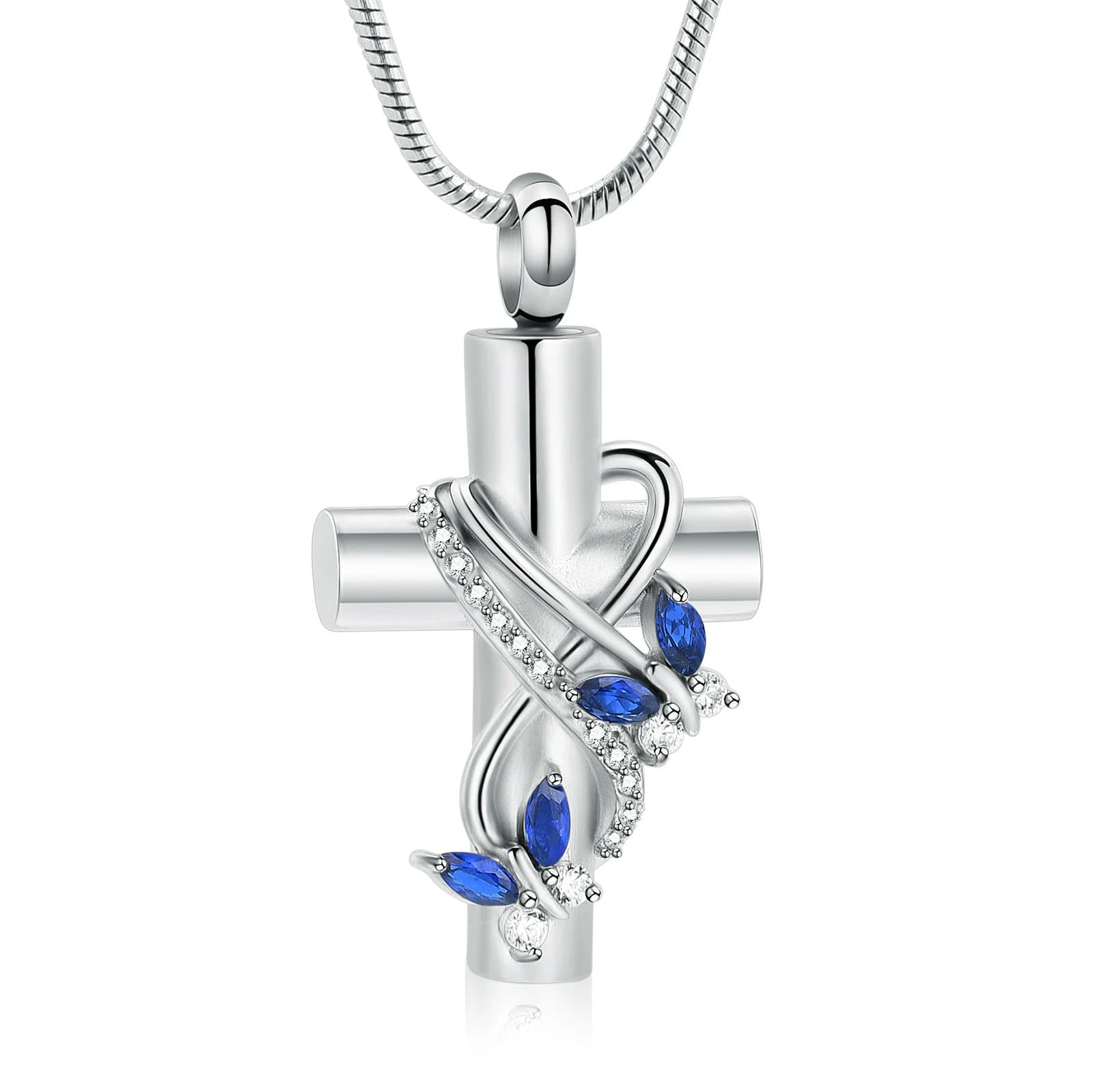 Collier urne funéraire croix en acier bleu avec cristal de haute joaillerie