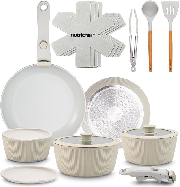 NutriChef 18-Piece Ceramic Cookware Set with Detachable Handles, Non Stick Pots and Pans, PTFE-Free Natural Ceramic Coating, Space-Saving Design, Oven & Stove Safe, Includes Utensils, Green