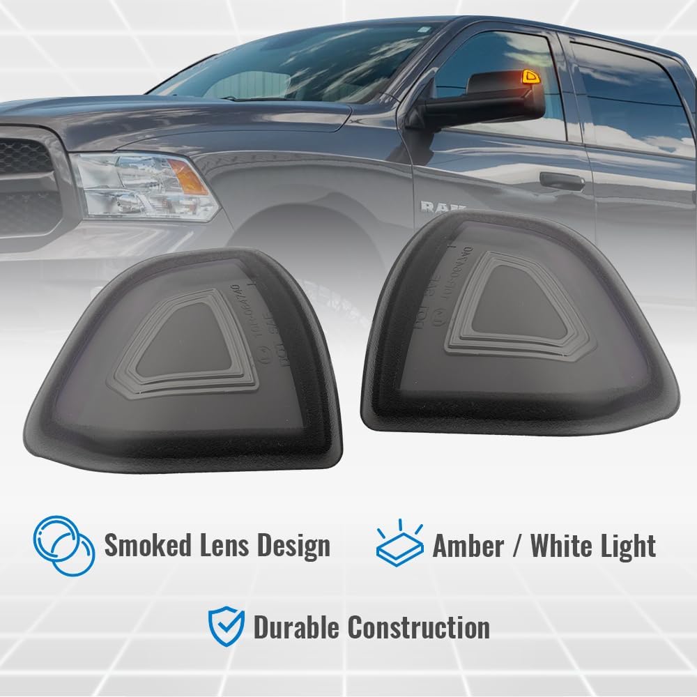 Syneticusa LED Turn Signal Mirror Lights for RAM 1500 2021-2023, 2500 3500 2019-2022, Amber Switchback White Parking Lamp Assembly, Clear Lens, Pair