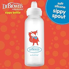 Dr. Brown\'s Milestones Narrow Sippy Bottle, 100% Silicone Soft Sippy Spout, 8oz/250mL, 6m+, Fox & Lion, 2 Pack