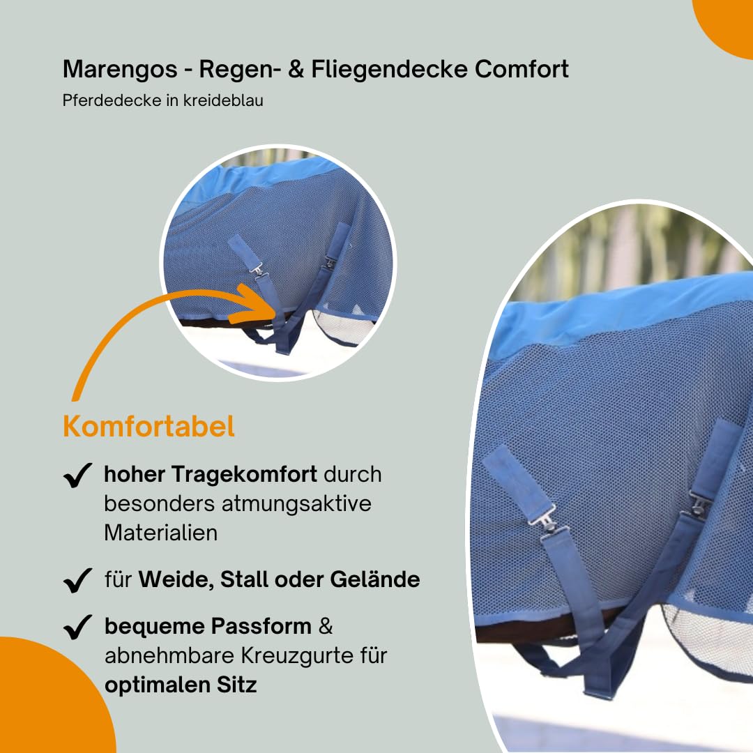 Marengos - Regen- & Fliegendecke Comfort – Pferdedecke mit Mesh, Kreuzgurten, Triplex-Verschluss & Ringe für Halsteil – reißfeste Regendecke – Outdoordecke f. Pferde – Kreideblau – 135cm | Pferdedecke mit Mesh, Kreuzgurten, Triplex-Verschluss & Ringe für