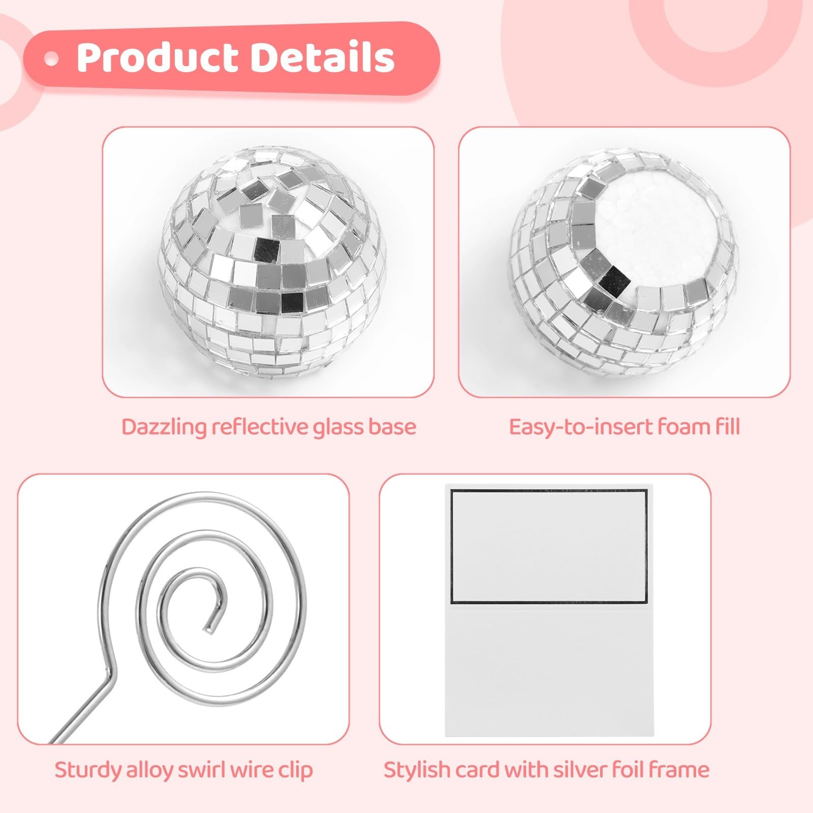 30 Sets Silber Discokugel Kartenhalter mit Wirbeldraht & Tischkarten, Tischnummernständer für Hochzeiten, Partys