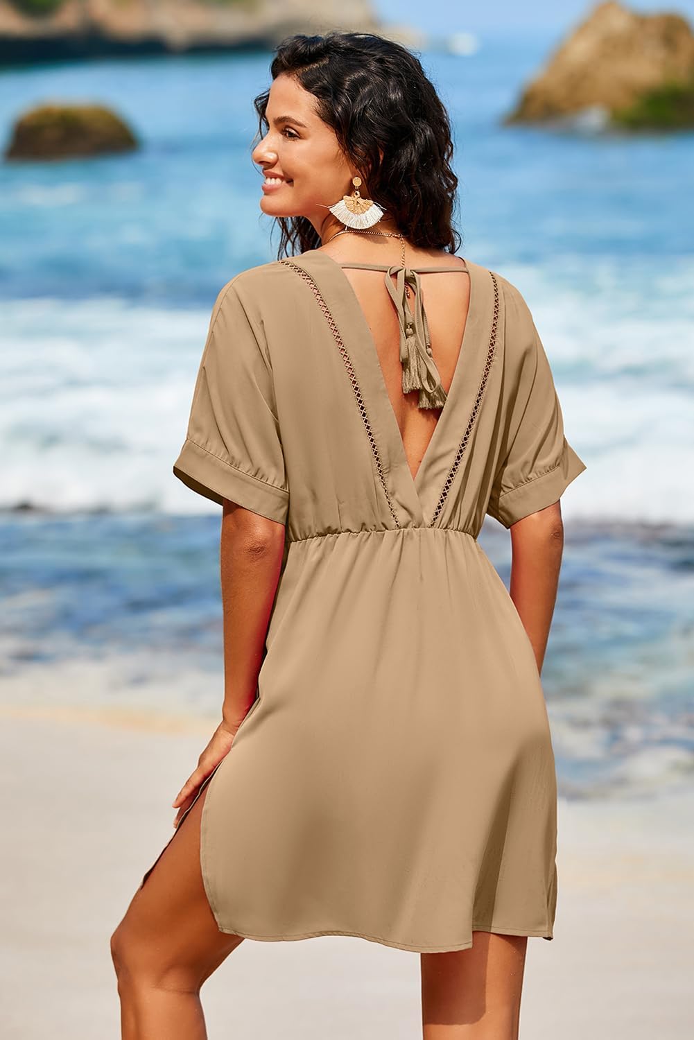 Dokotoo Swimsuit Coverup for Women Hollow Out V Neck Short Sleeve Bathing Suit Bikini Beach Cover Ups Dress Vacation Outfits - Image 5