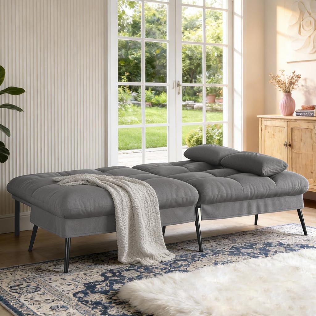 COMHOMA 72″Futon Sofa Bed,Modern Convertible Sleeper Sofa, Fabric Futon Couch with Multi-Position Backrest for Living Room Furniture (Grey)