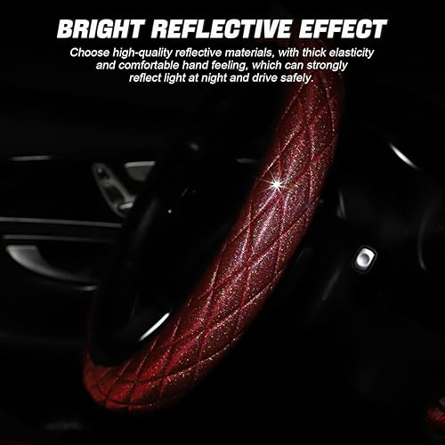 Miniatura 4 de LoyaForba Funda de cuero brillante para volante con diamante de cristal, universal de 14.5 a 15 pulgadas, suave, antideslizante, elástico, protector