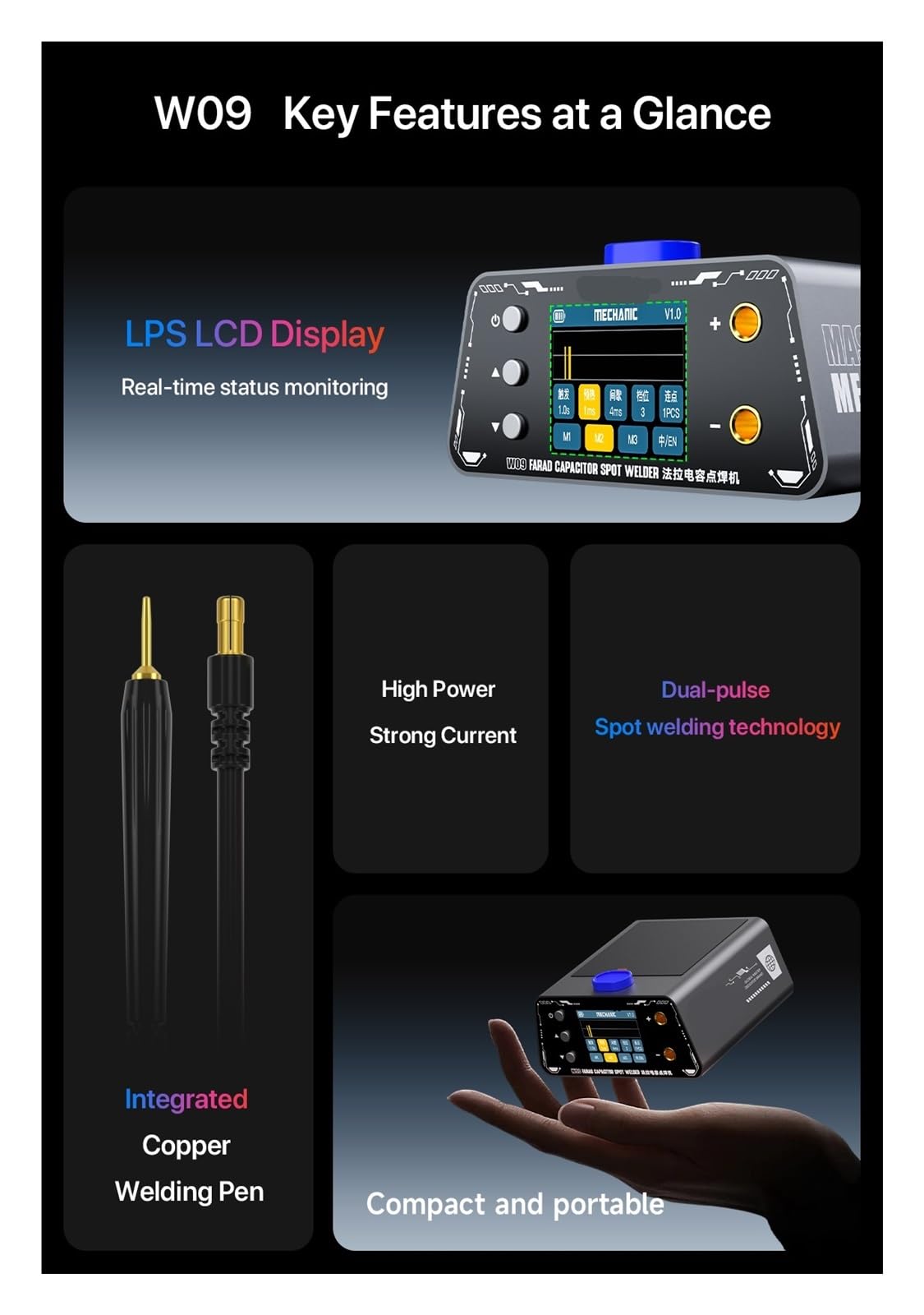 Soldador por puntos de condensador insignia W09, herramienta soldadura inteligente doble pulso,Control preciso