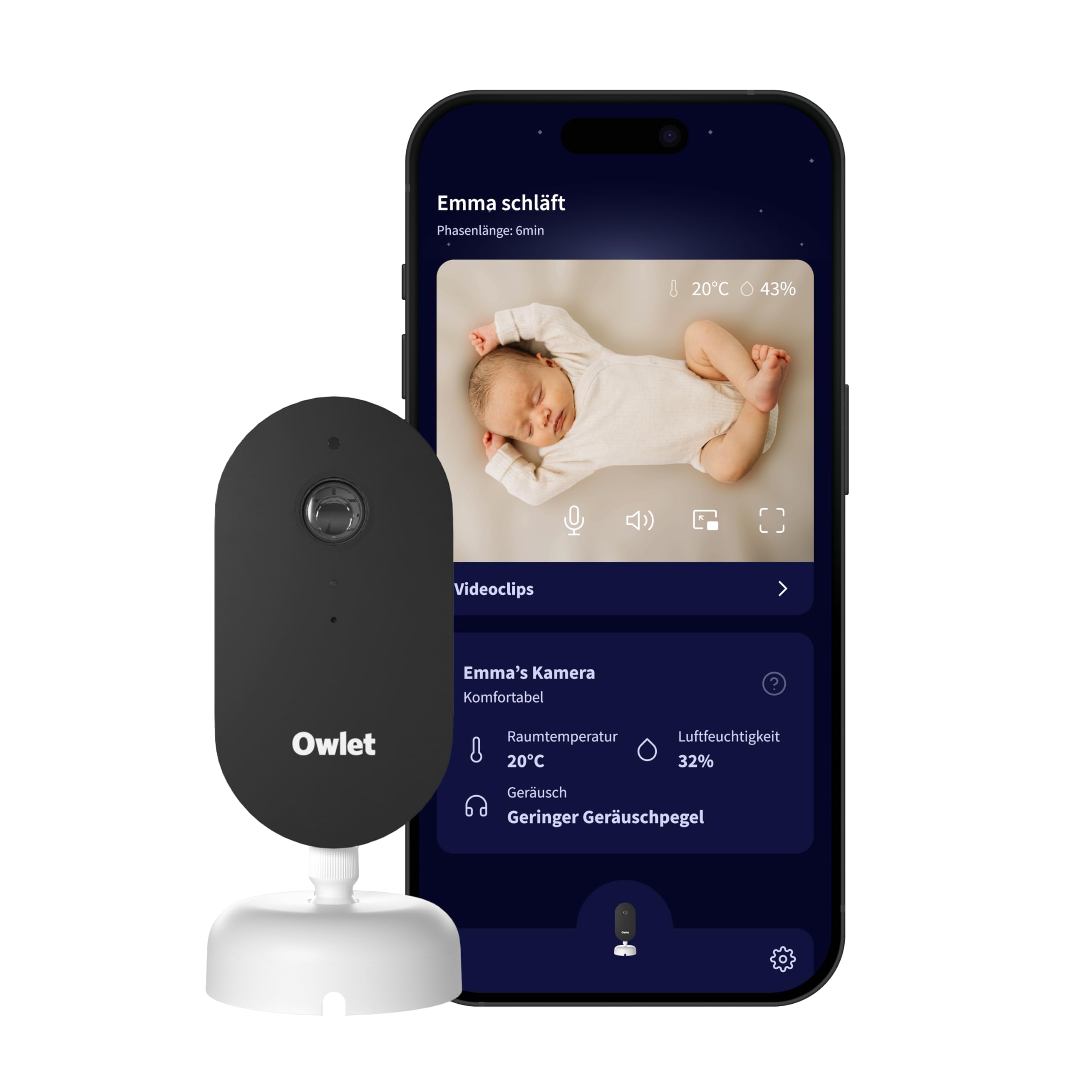 Owlet Dream Sight™ – Smart HD Babyphone mit 2K-Kamera | Sichere WLAN-Verbindung, Nachtsicht, Weinen-/Bewegungs-/Geräuscherkennung, Temperatur- Luftfeuchtigkeitsüberwachung