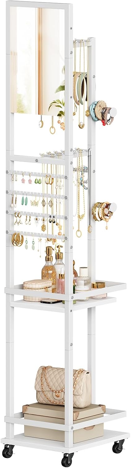 HOOBRO Mirror Jewelry Cabinet, 360° Swivel Jewelry Storage Organizer