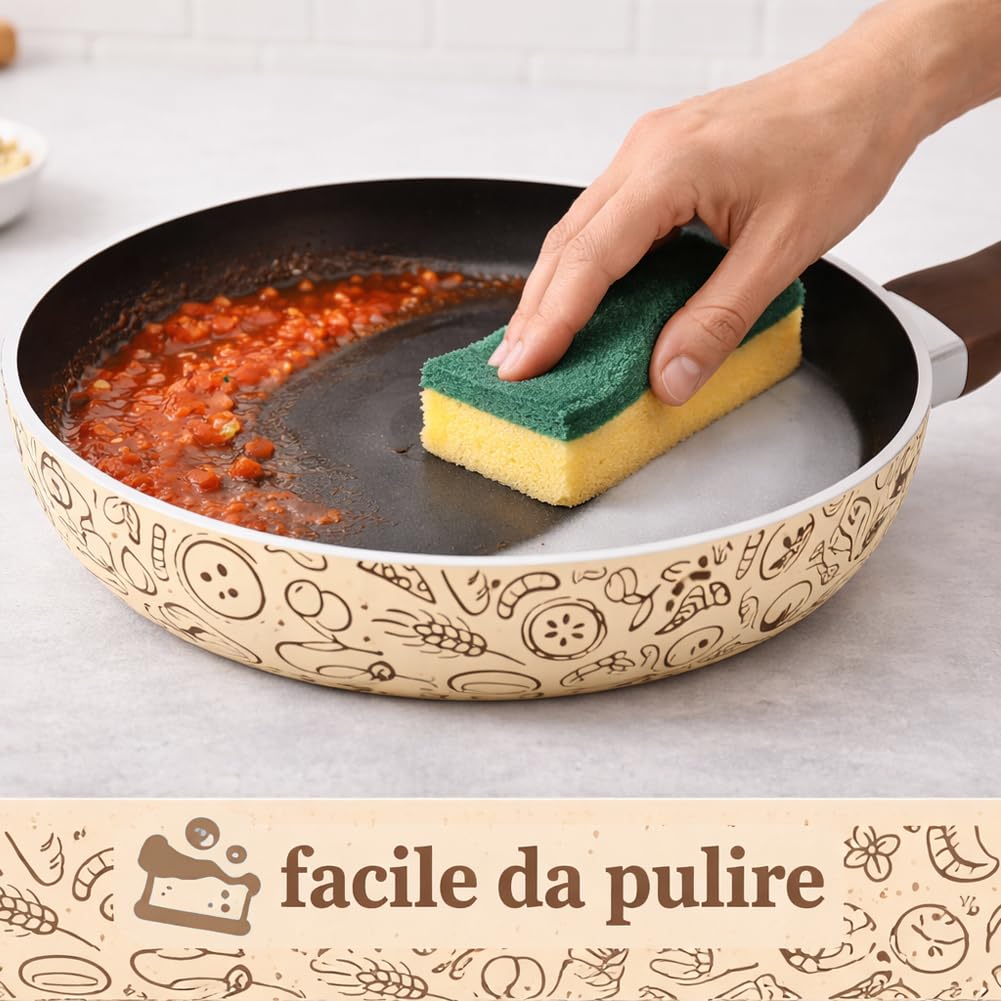 BAKAJI Tris Padelle Pastella da 20-24 - 28 cm con Fondo Antiaderente Cottura Uniforme e Omogenea, Manico Soft Touch, Padella Ideale per Cucinare Rapidamente, Adatto a Piani Cottura Gas