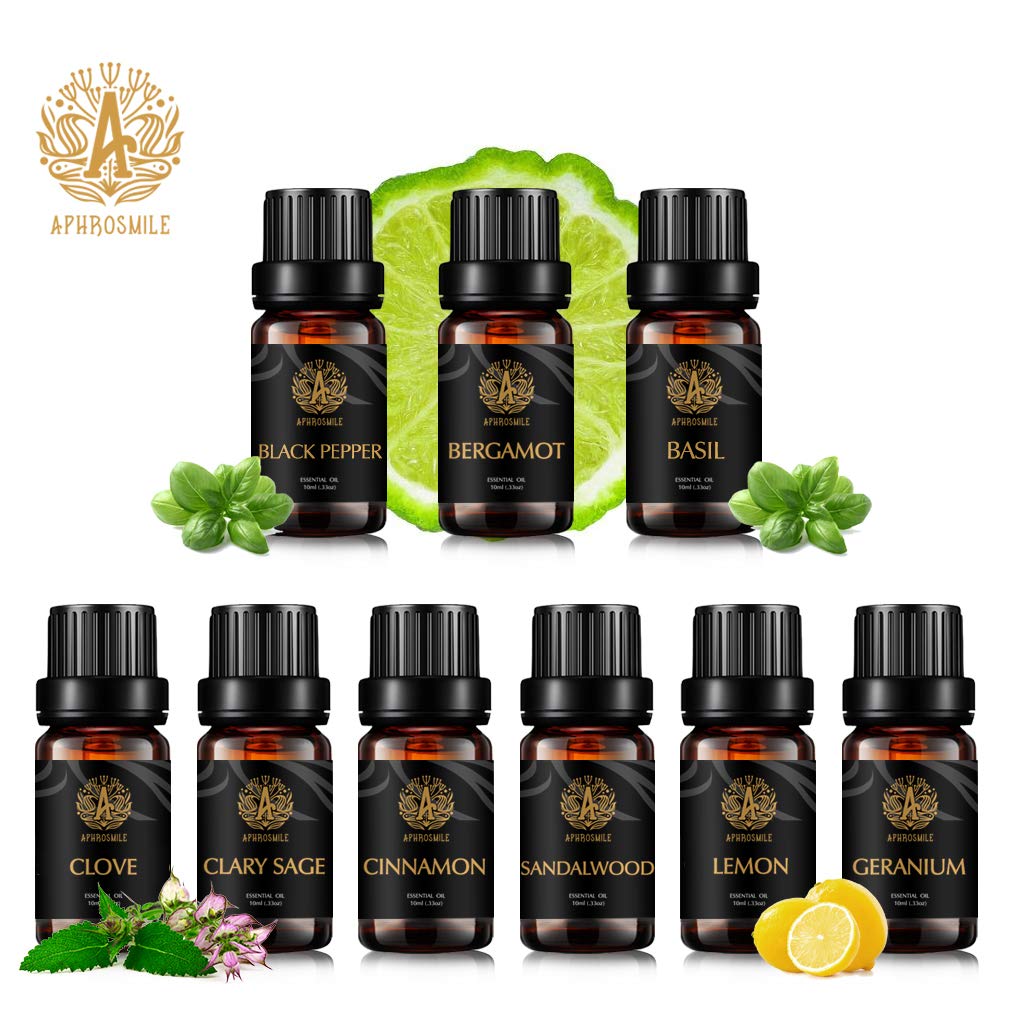 Aromatherapie Basilikum ätherisches Öl Set für Diffusor, 100% reines Bergamotte ätherisches Öl Kit für Hause, 9x10mle Black Pepper ätherische Öle Set-Zimt,Clary Salbei,Geranienöle...