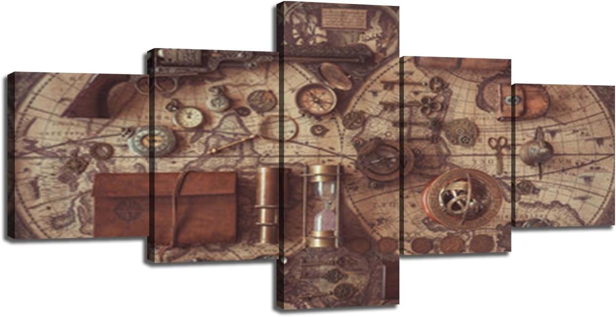 Retro Wall 5 Piece Canvas Wall Art Vintage Antique Pocket Watch HD Prints on Paintings Pictures Home Decor for Living Room Modern Artwork Framed Gallery-wrapped Stretched Ready to Hang(50''Wx24''H)