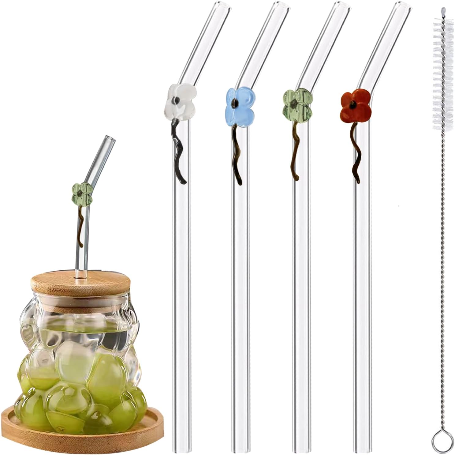 Decorative Glass Drinking Straws, 7.9 inch x 8mm, Set of 4, Flower Charms, Clear with Cleaning Brush