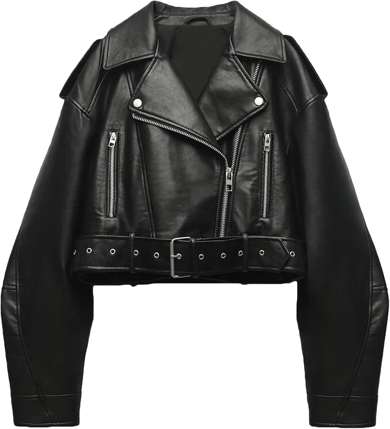 Women's Lapel Faux Leather Vintage Cropped Jacket Zip Up Casual Motorcycle Coat Jacket Baggy Comfort Biker Coats